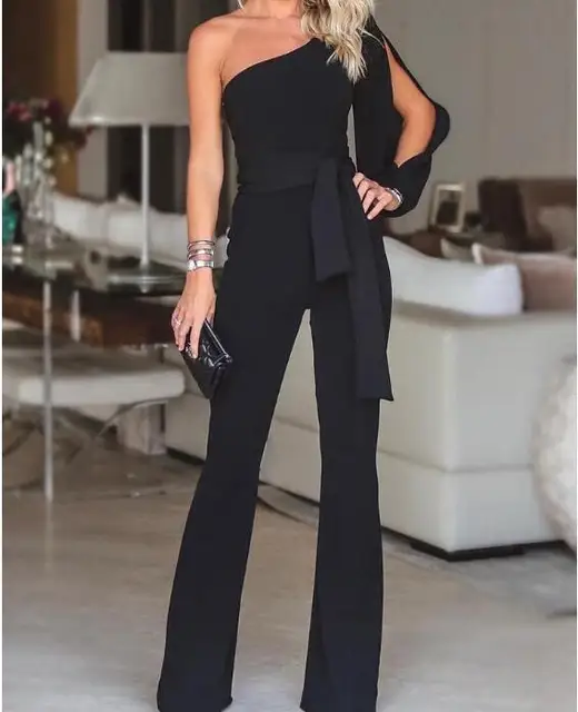 stylish one shoulder slit sleeve black jumpsuit