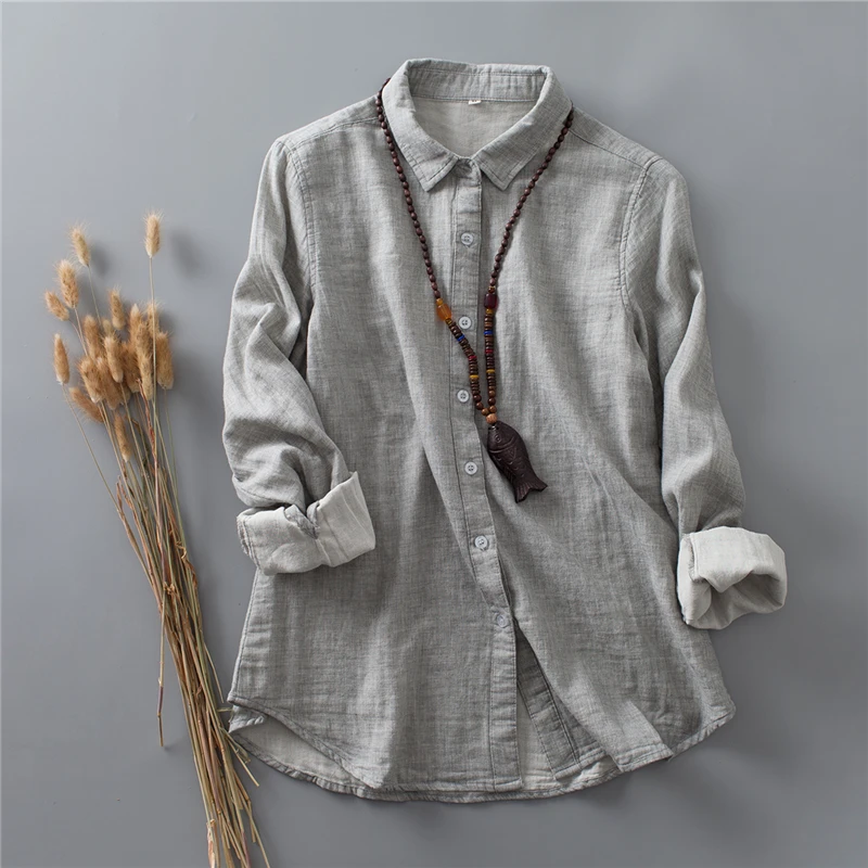 

Brief Simple Style Solid Color Cotton Shirts Office Tops 2018 New Casual Full Sleeve Turn-down Collar Grey White Womens Blouses