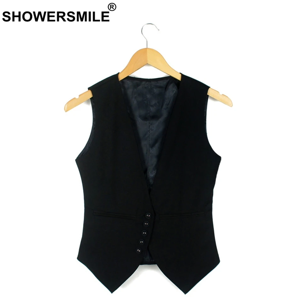 SHOWERSMILE Black Vest For Women Short Waistcoat Slim Fit Sleeveless Jacket Female Spring Summer Solid Formal Vests Waistcoat