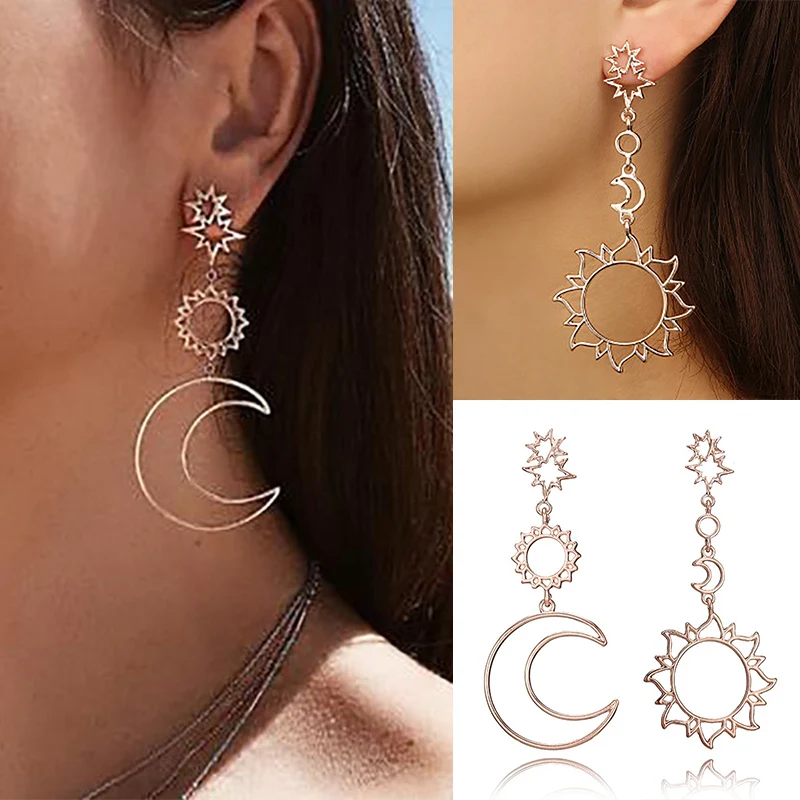 

Woman Moon Sun Hollow Dangle Earrings Lady Girl Wearing Party Club Long Earrings Fashion Female Metal Jewelrys 2019 New Arrival