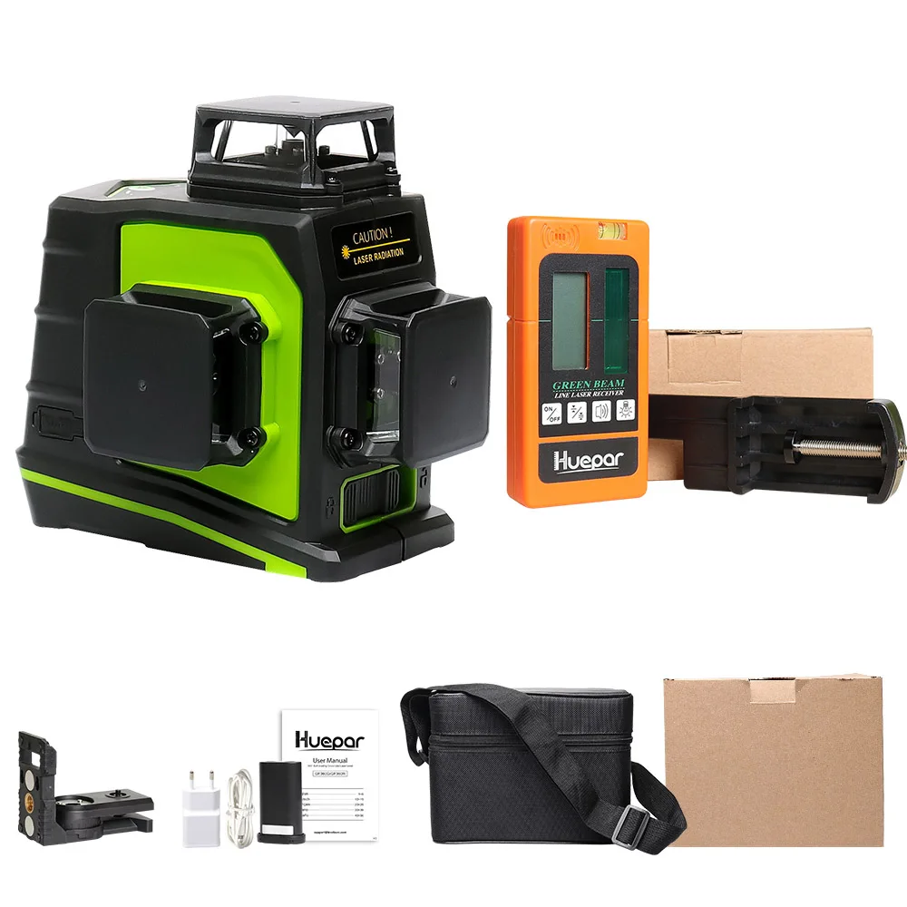 Huepar 12 Lines 3D Green Cross Line Laser Level Self-Leveling 360 Degree Vertical & Horizontal with LCD Receiver USB Charging