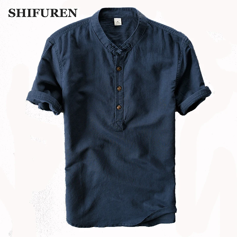 

SHIFUREN New Summer Causal Men Linen Cotton Shirts Short Sleeve Chinese Mandarin Collar Soft Breathable Dress Shirts