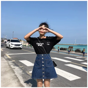 

Summer Plus Size High Waist Korean Girls Denim Shirt Women Loose Jeans Skirt Women with Button Pocket