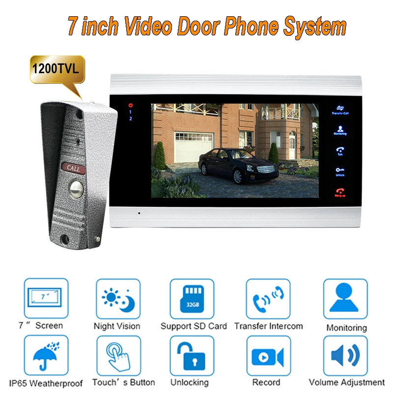 

New Dual Way Video Door Phone Intercom system 7 inch 1200TVL Doorbell With IP65 HD Camera Door Bell System 2 Units/lot