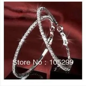 

24Hours Free Shipping 30-90MM Option Crystal Stone Sterling Silver Coated Hoop Circle Earring Jewelry Gift