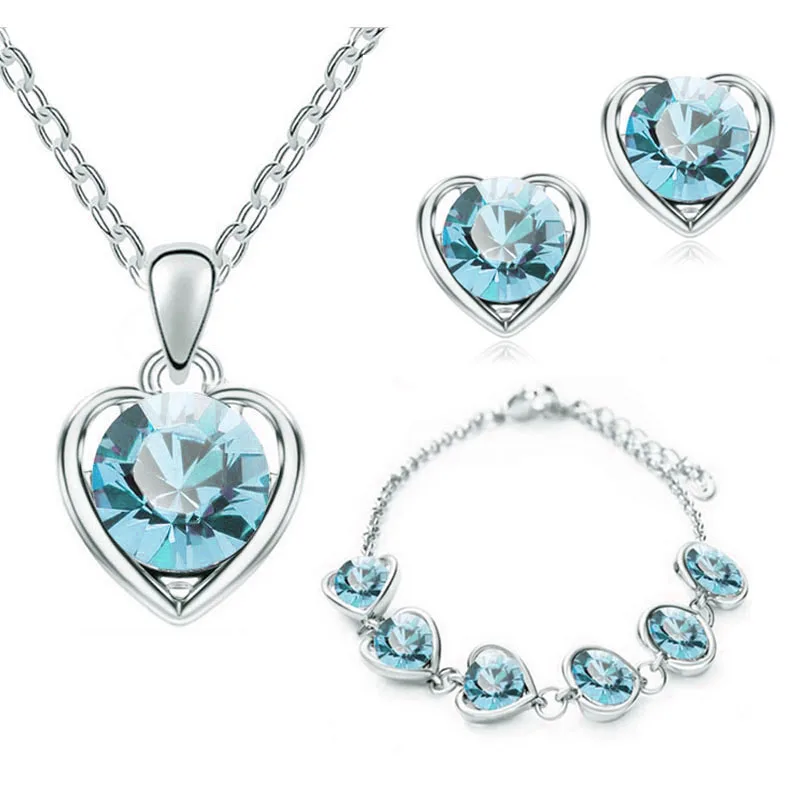 Розничная, классические свадебные ювелирные наборы в форме сердца, Австралийский Кристалл, подвеска, ожерелье, серьги, браслет и кольцо, очаровательные ювелирные изделия - Окраска металла: silver navy blue