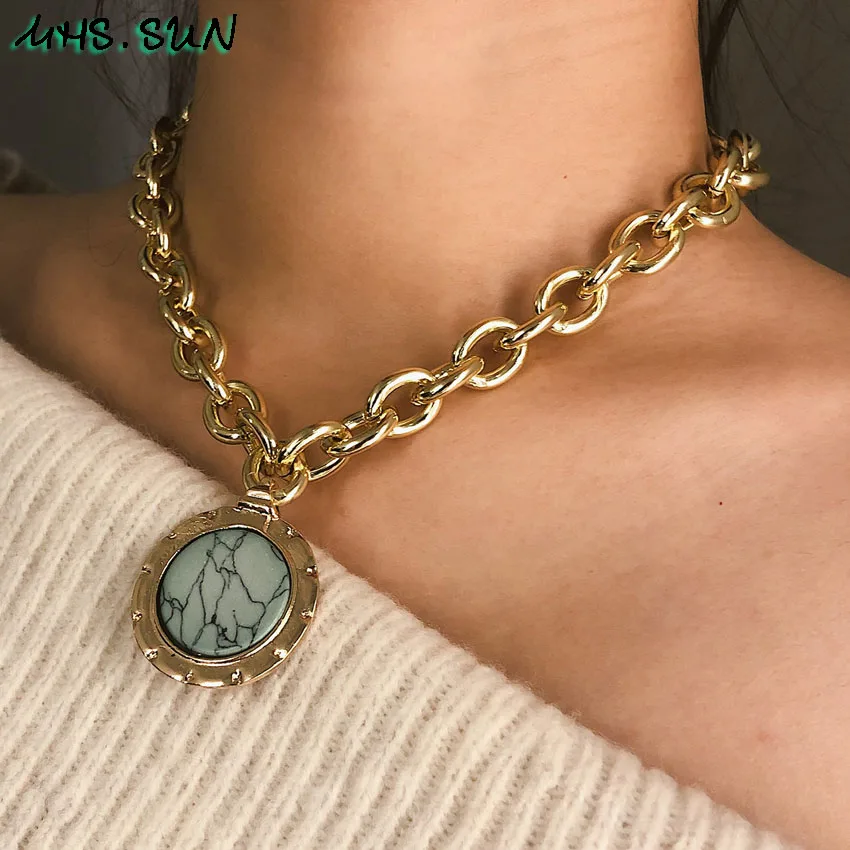 

MHS.SUN Charm Chain Necklace Vintage Geometric Original Stone Pendants Women Choker Necklace Fashion Jewelry For Gift Party 1Pcs