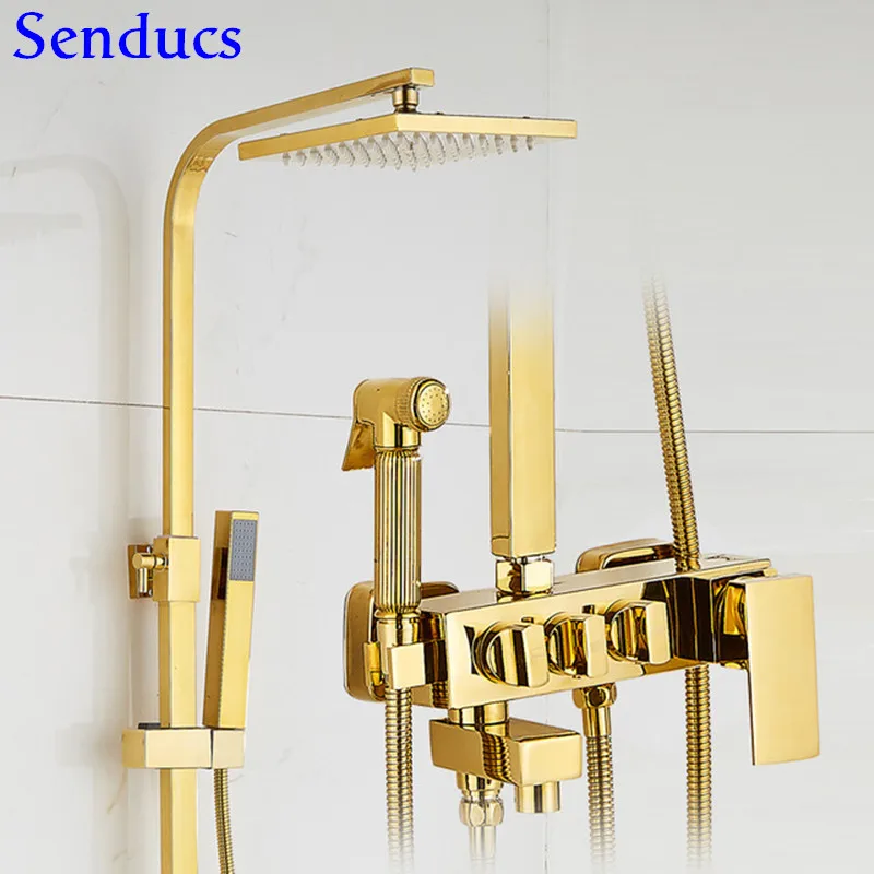 

Senducs Bathroom Shower Set Luxury Gold Shower System with Brass Bidet Bathroom Shower Faucet Square Rainfall Gold Shower Sets