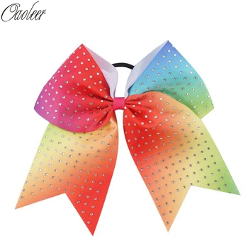 

5pcs/lot 7.5" Girl Rainbow Rhinestone grosgrain Cheer Bow With Elastic Band Handmade Cheerleading Bow Kid Diamon Ponytail Holder
