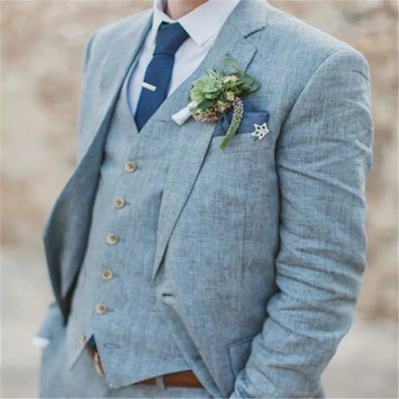 

Light Blue Linen Wedding Suits For Men Terno Slim Fit Groom Custom 3Piece(Jacket+Pants+Vest+Tie) Latest Coat Pant Designs