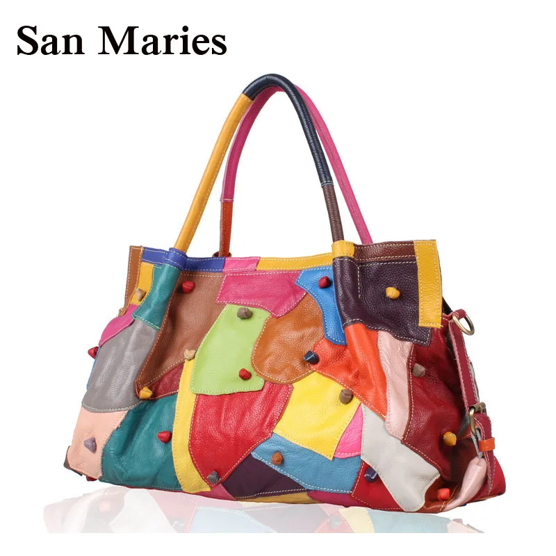 Wholesale Genuine Leather Women Handbags National Stylish Colorful Patchwork Cowhide Bag Large ...