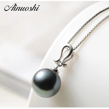 

AINUOSHI 925 Sterling Silver Link Chain Women Pendant Necklaces Tahiti Black Pearl 10mm Round Anniversary Lady Necklace Pendants