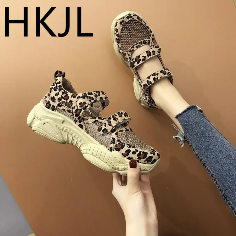 

HKJL 2019 summer sponge cake with magic paste suede sandals female leopard print breathable mesh casual shoes women's shoes A845