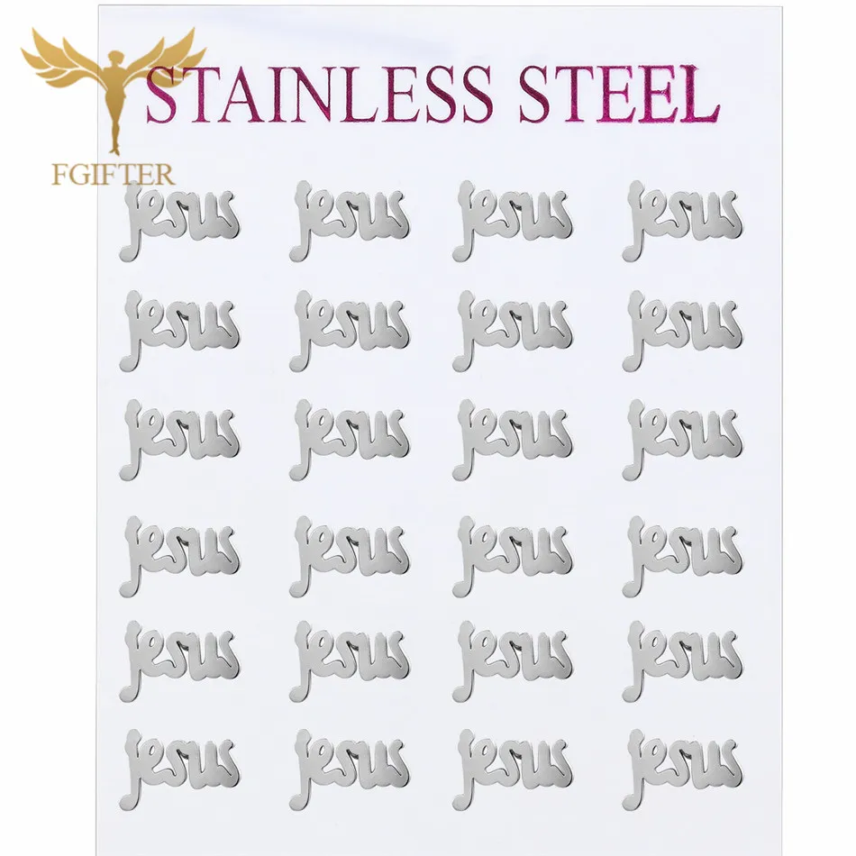 

FGifter Wholesale 12 Pairs Lots Christ Jesus Earrings Letter Word Stud Earring Stainless Steel Women Men Jewelry