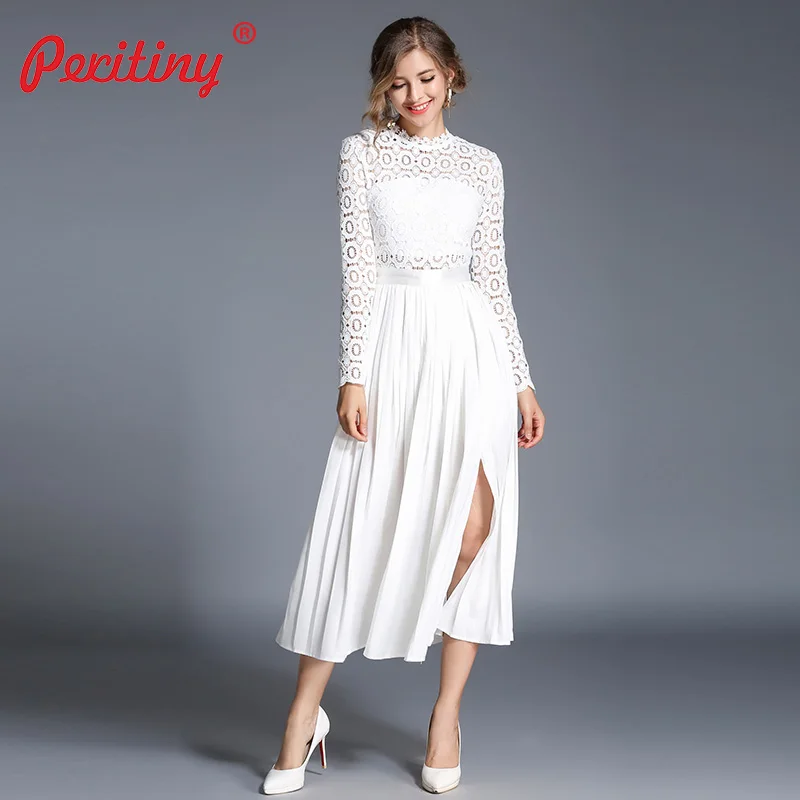 

Peritiny Long Dress For Wedding Party For Woman Elegant Lady Dresses 2019 High Waist White Lace Sexy Hollow Out Pleated Dress