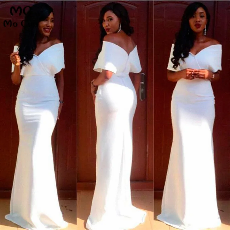 Short Sleeves Formal Dress Off-the-Shoulder Floor-length Satin Zipper Sale Sheath Dress,White Satin Sexy Evening Party Dress