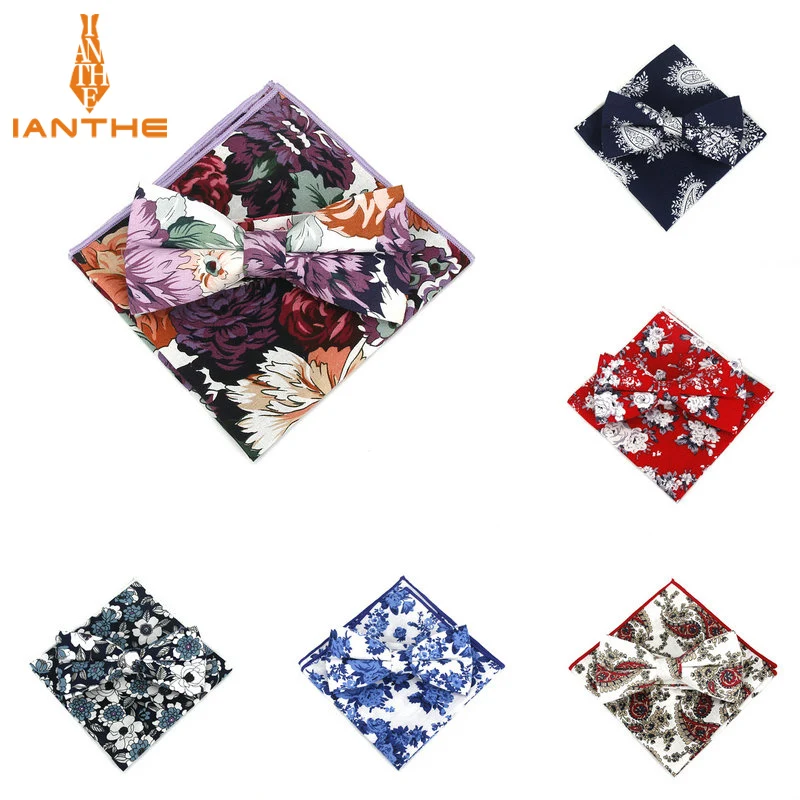 

Fashion Men's Cotton Bow tie Hanky Set Paisley Print Bowtie for Men Pocket Square Ties Sets Wedding Grooms Floral Butterfly