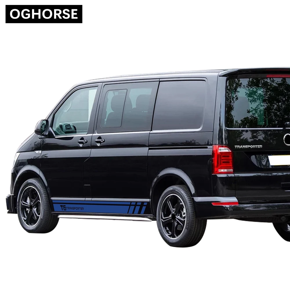 A Pair Racing Stripes Door Side Stripes Skirt Sticker Graphics Body Vinyl Decal For Volkswagen TRANSPORTER T5 T6 Accessories