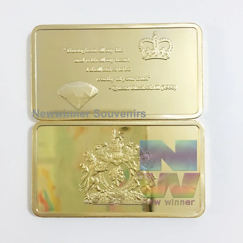 

50pcs/lot 1oz Gold Clad 1953 UK Queen Elizabeth II Diamond Jubilee Bullion Bar Free shipping