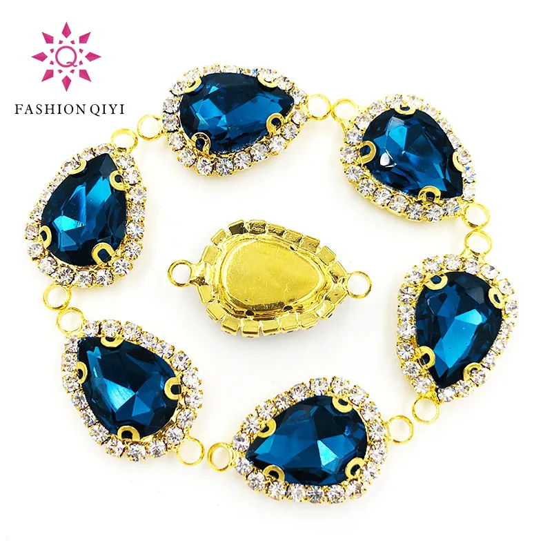 

Gold bottom teardrop Double loop Crystal button peacock blue Glass Crystal sew on rhinestones diy/Clothing accessories