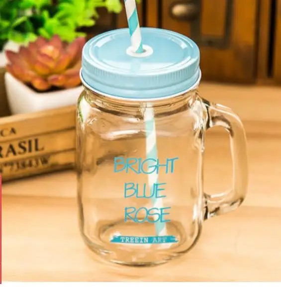 450ml Glass Mason Jar Mug with Lid and Straw Summer Ice Cream Fruit Cold Drinking Water Jars Juice Cup - Цвет: 16