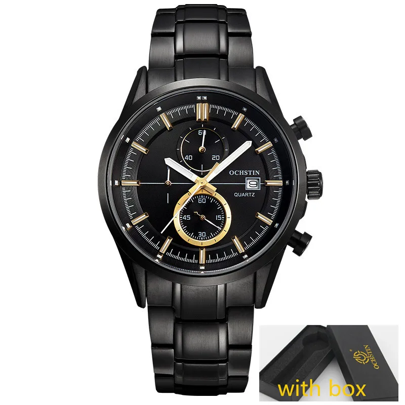 Элитный бренд ochstin Часы Для мужчин Водонепроницаемый модные Повседневное Спорт кварцевые часы платье Бизнес наручные часы час для Для мужчин - Цвет: gold black box