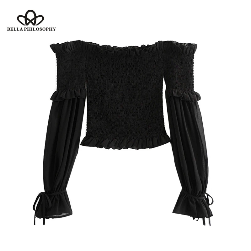 

Bella Philosophy Sexy Off Shoulder Crop Short Tops Women Blouses 2019 Fashion Slash Neck Slim Fit Ruffle Shirts
