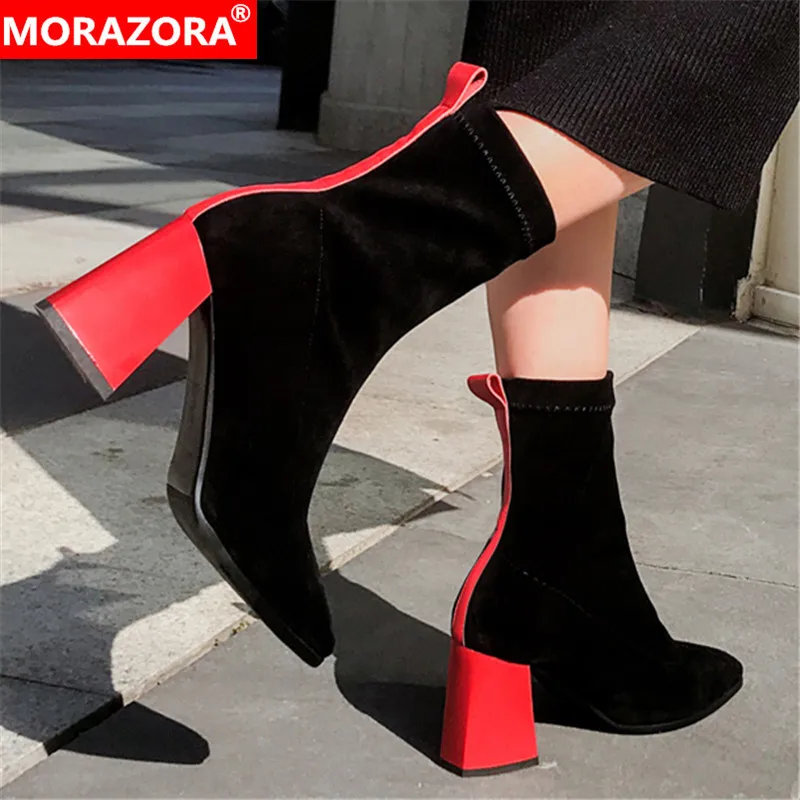 MORAZORA/ г., ботильоны для женщин наивысшего качества из замши и натуральной кожи, обувь на высоком каблуке Модные растягивающиеся женские ботинки