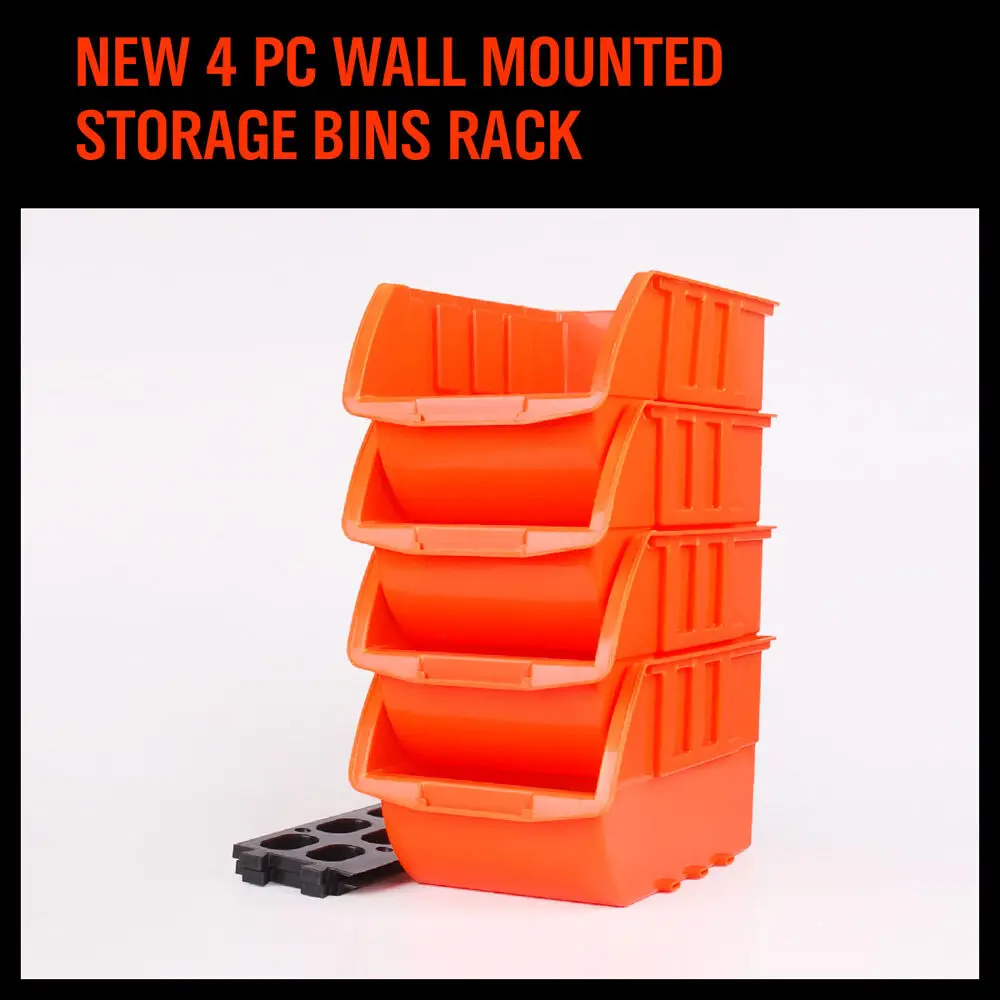 Storage Bins Stackable Black 4-Pc Plastic Wall Mount Garage Workshop Organizer 