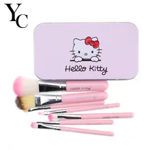 YANSH Pink/Black Hello Kitty 7 Pcs Makeup Brush Set Professional Facial Cosmetics Make Up Brushes Set With Metal Box D25