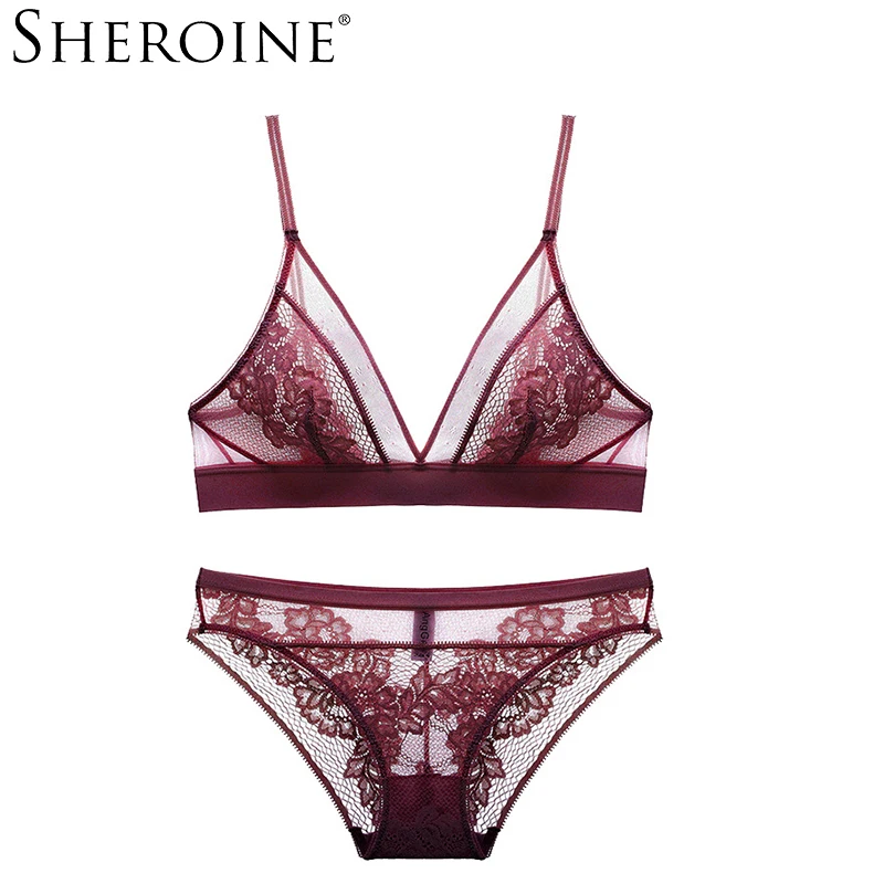 

Sheroine Lace Bra Set Wire Free Women UnderwearTransparent Embroidery Lingerie Set