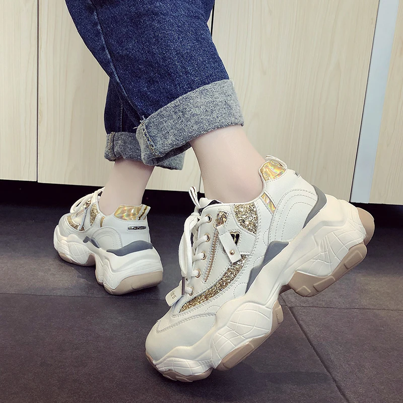 

Bling Glitter Chunky Sneakers Platform 2019 Casual Dad Shoes Sequin Sneakers PU Women Shoes Trainers basket chaussure femme