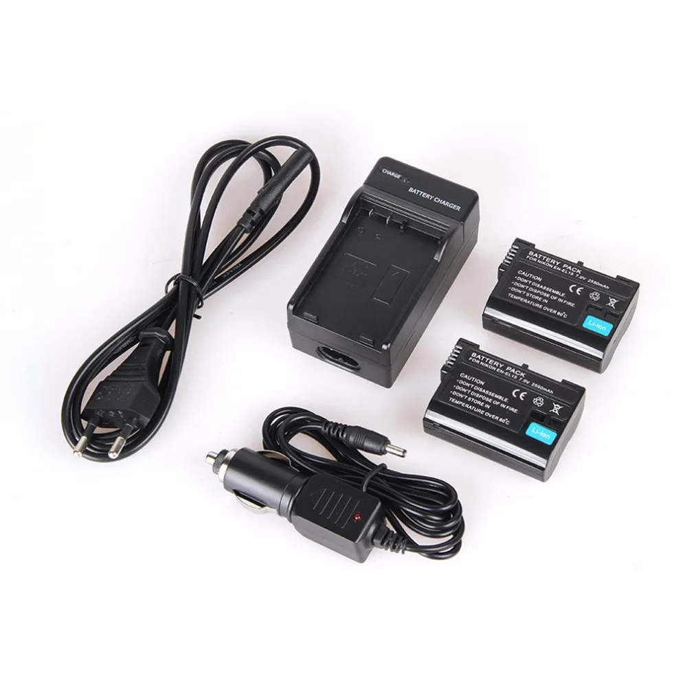 

2pcs 2550mAh EN-EL15 EL15 Camera Battery + Charger +Car Cable For Nikon D7000 D7100 D800 D800E D600 D610 D810 D500 D7200 V1