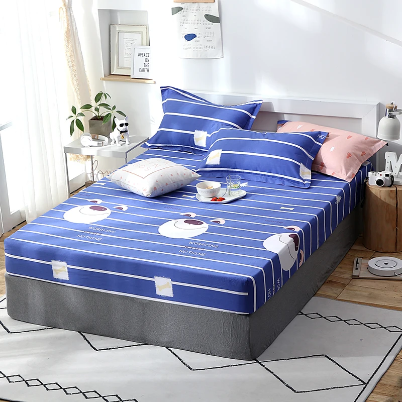 

3pcs 100% Cotton Blue Striped Cartoon Pattern Soft Solid Fitted Sheet Mattress Cover Four Corners With Elastic Band Bed Sheet