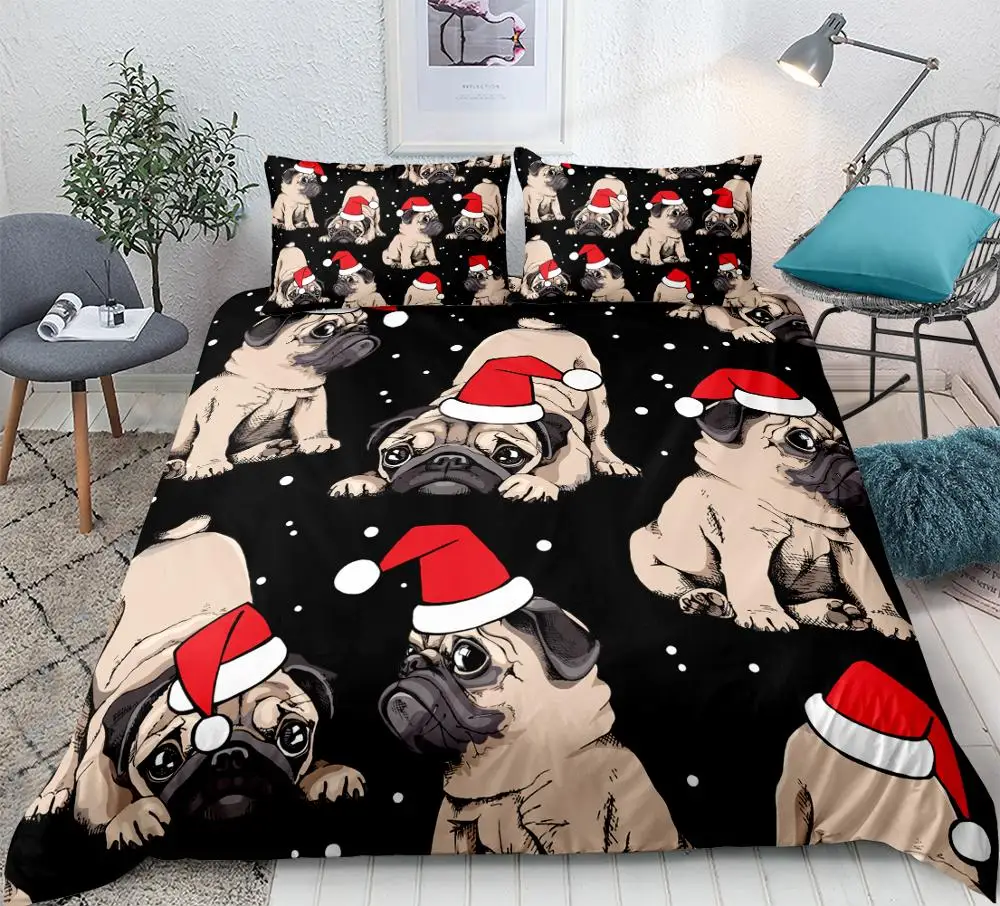 Рождественский Мопс набор пододеяльников милый рисунок собаки постельных принадлежностей комплект из 3 предметов для детей постельных принадлежностей черный домашний текстиль для мальчиков и девочек