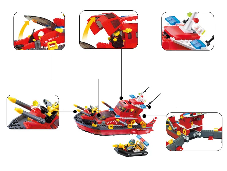 Обучающий строительный блок пожарная спасательная вода спрей пожарная лодка 4 пожарный 340 Обучающие Кирпичи подарок-игрушка для мальчика-без коробки