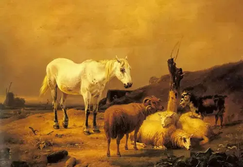 Peinture à l'huile eugene verboeckhoven cheval moutons et