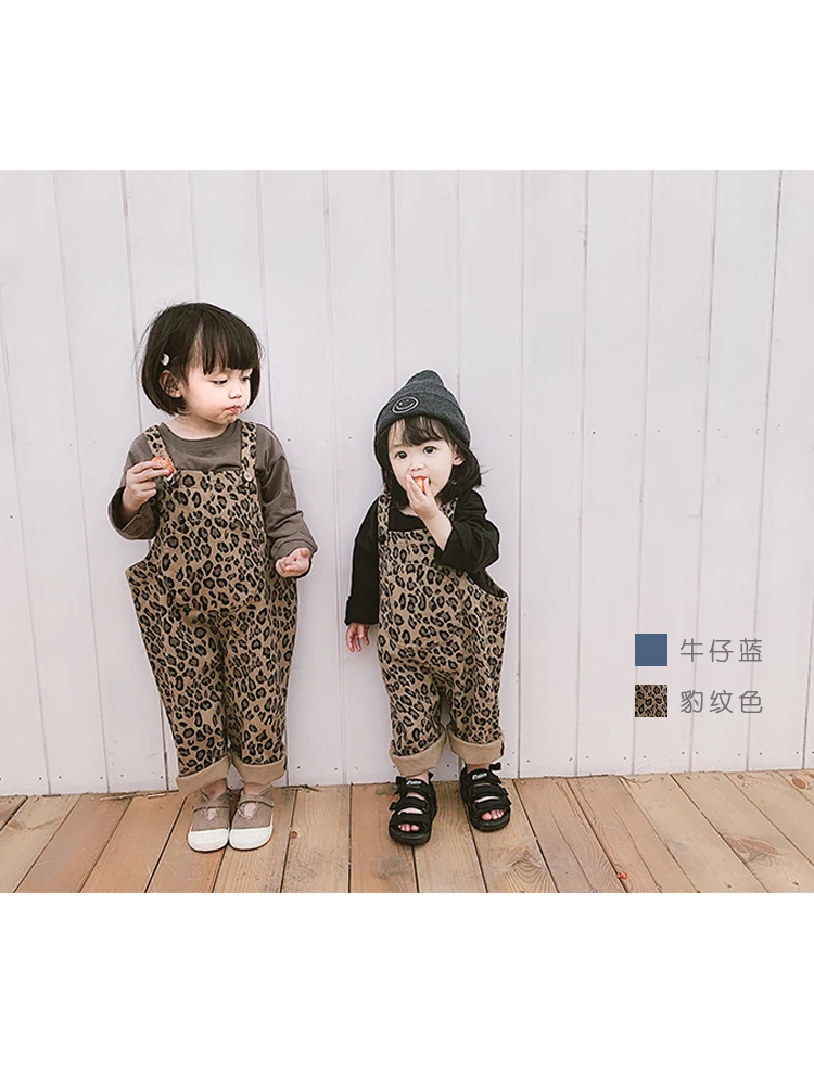 

Girls and Boys Spring 2019 Overalls with Pocket Children Baby Leopard-print Jeans Belt Pants Infants Kids Suspender Trousers