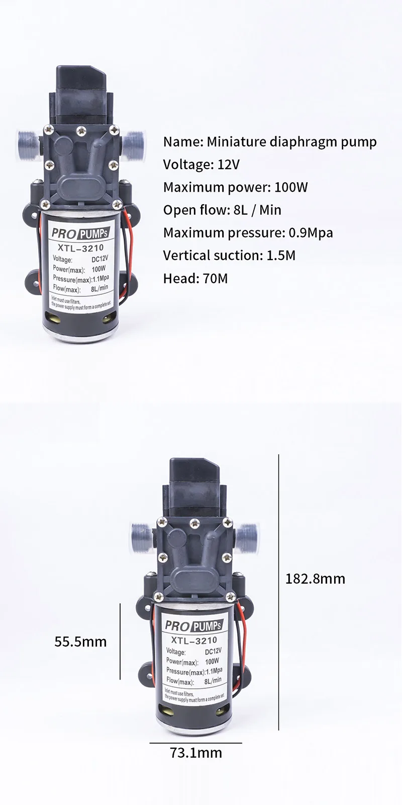 DC 12V 24V 100W 0.9Mpa 130PSI 8L/Min сельскохозяйственный Электрический водяной насос Черный Миниатюрный Мембранный опрыскиватель высокого давления