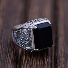 Anillo negro Obsidiana Vendimia 100% Real Pure 925 pendientes de Plata de Ley Para Hombre Con Piedra Natural Fine Jewelry Genuino Rock de Moda