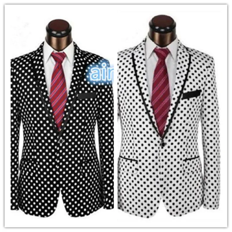 Men's New Suit Black and White Groom Tuxedo Business Casual Suit with Black and White Dot Pattern Custom Jacket + Pants