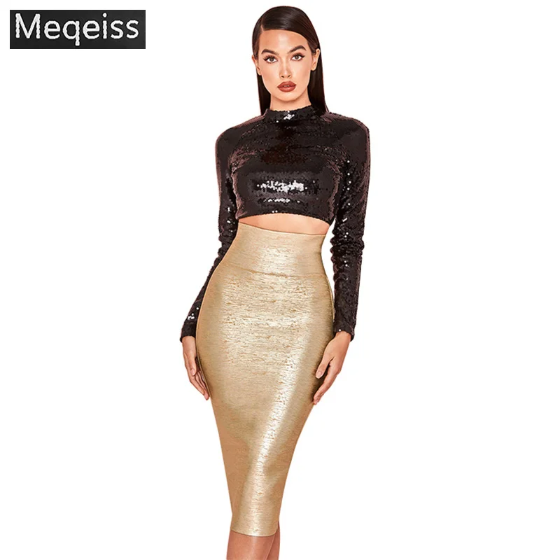 

meqeiss 2019New Summer Women Dress O Neck Sequined Two Pieces Bandage Dress Sexy Bodycon Evening Party Bronzing Dresses Vestidos