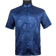 Темно-синие китайский Для мужчин летний Рубашка для отдыха высокое качество шелк район Кунг фу Тай Чи Рубашки большие размеры M L XL XXL XXXL M061305