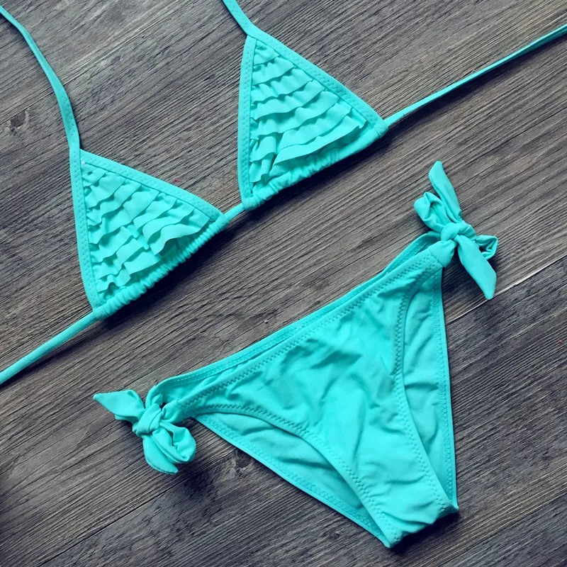 

Children Swimsuit Bikini Set 8-14Year Solid Ruffle Cute Bandage Halter Swimwear Girls Kids Bikini Girls Bathing Suit Beach Wear