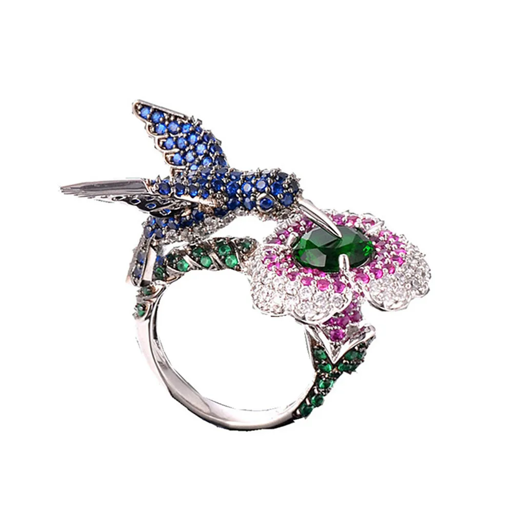 Luxury hummingbird ring 3A micro color zircon flowers and birds ring