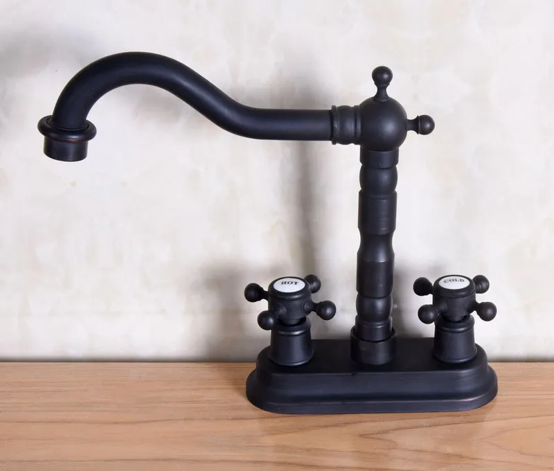 Hot Cold Handles Black Color Oil Rubbed Bronze Swivel Spout Kitchen Bar Sink Bathroom Two Holes Basin Faucet Mixer Tap anf150