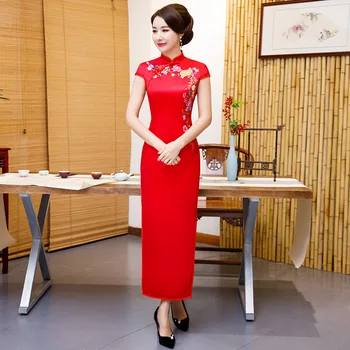 

Chinese Style Spring New Cheongsam Lady Rayon Dresses Classic Vestidso Embroidery Flower Long Qipao Large size 3XL 4XL S-07