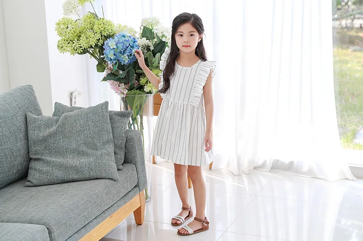 Yeediosn Summer Beach Kids Dresses For Girls Cotton Striped Girls Princess Dress Sleeveless Ruffles Children White Girl Costume (15)