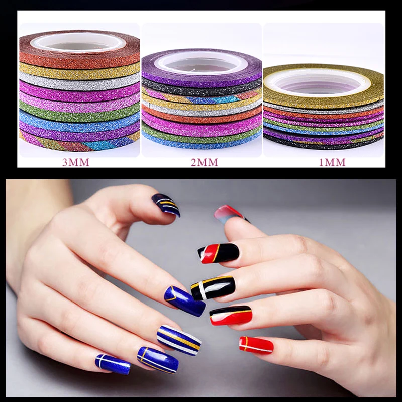 

10 Pieces Mixed Colors Nail Art Sticker Glitter Striping Line Tape Decorations 1MM/2MM/3MM DIY Self-Adhesive Manicure Decoration