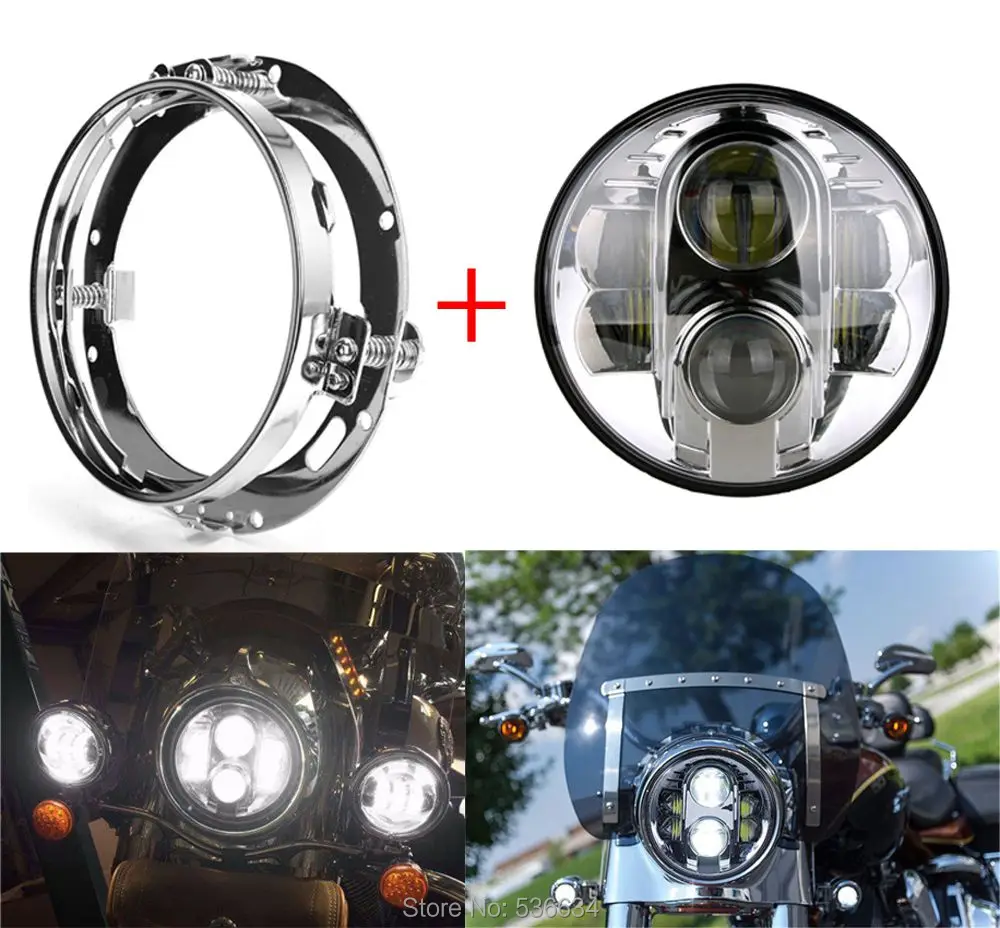 

7 Inch LED Round Projector Headlight with Chrome LED Headlight Mounting Bracket Ring For Electra Glide Ultra Limited